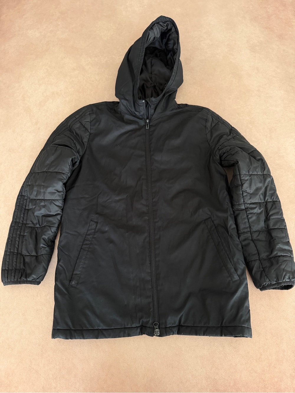 adidas Black Hooded Quilted-Sleeve Puffer Coat • size youth medium